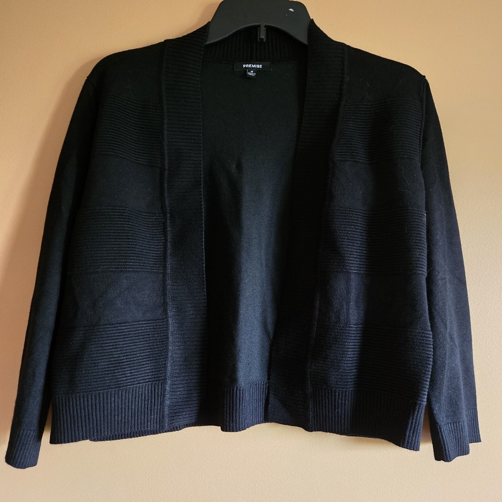 Premise Black Ribbed Open Crop Cardigan Sweater PTP=17"